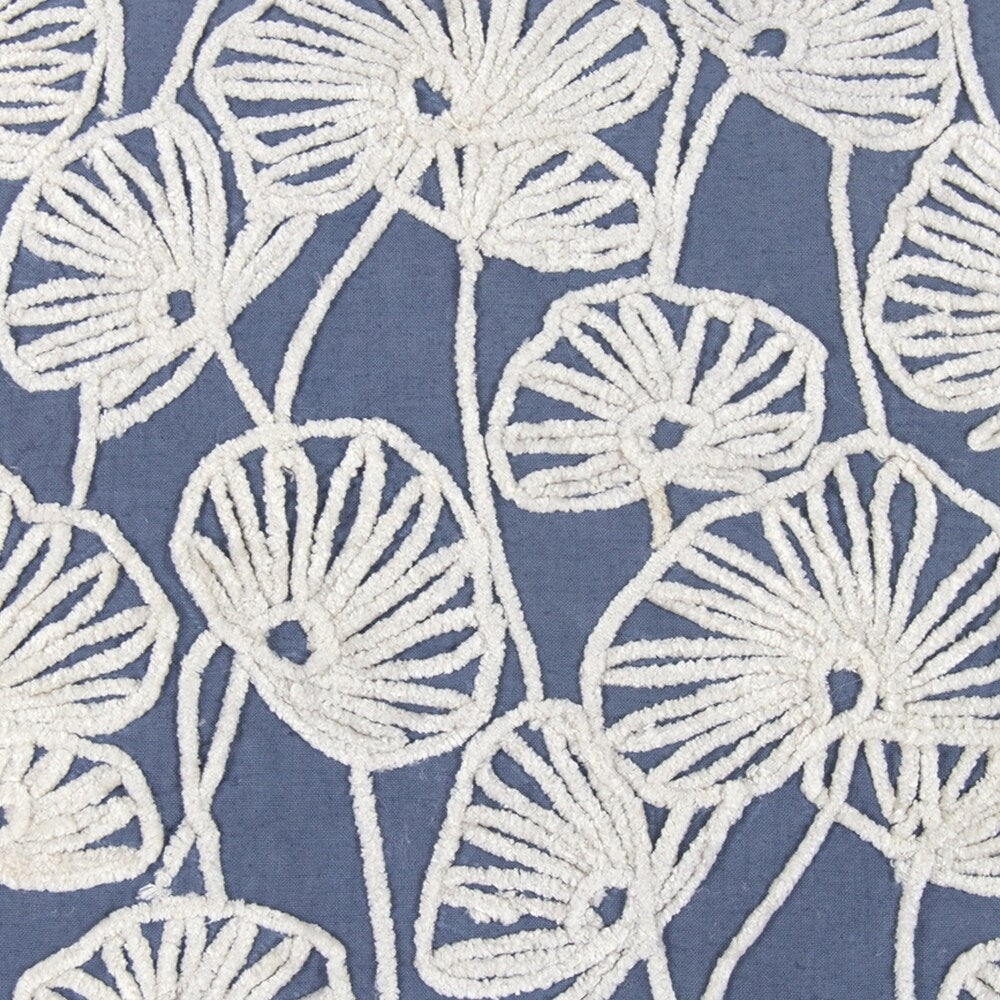 Transitional Cotton Pillow with Floral Embroidery, Blue and White