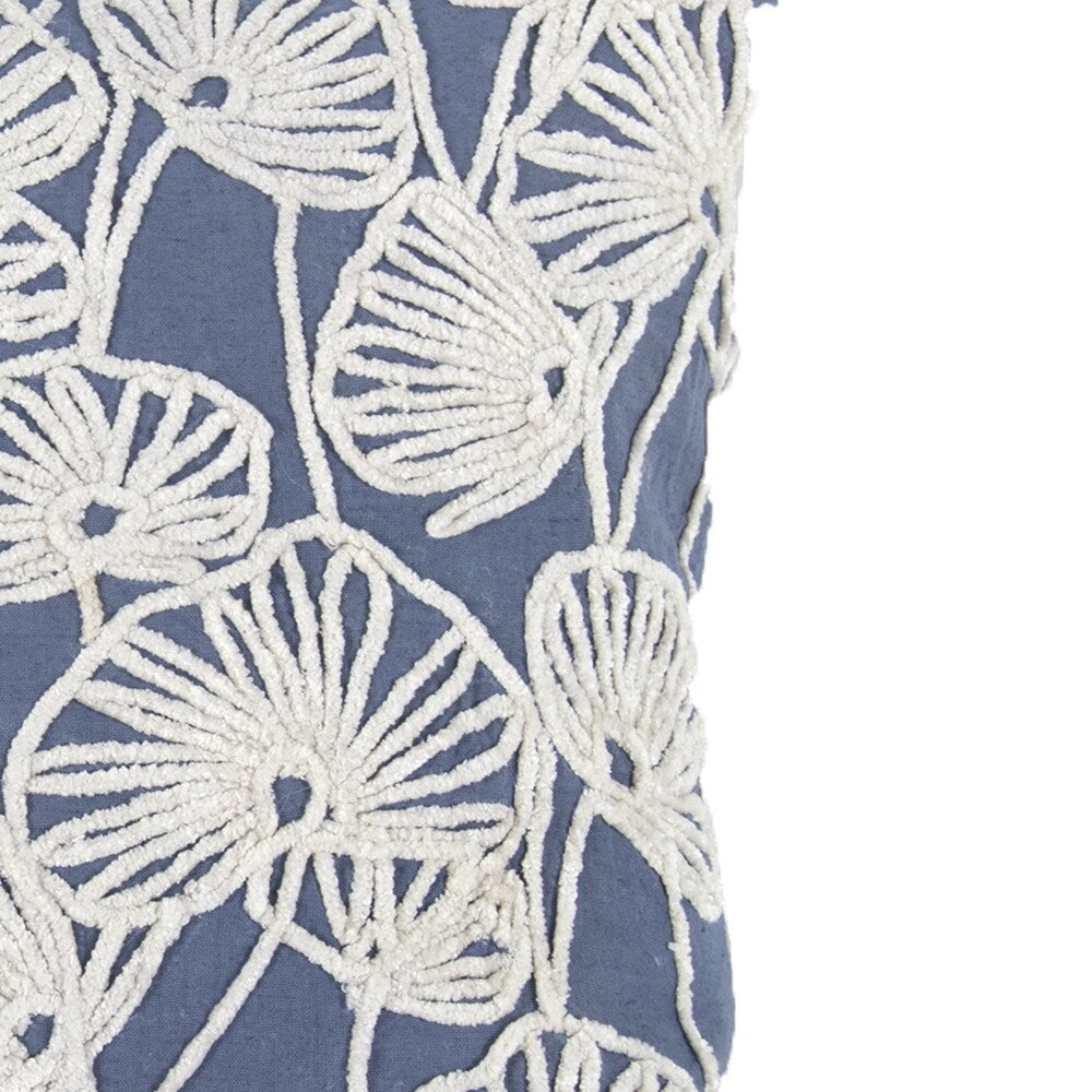 Transitional Cotton Pillow with Floral Embroidery, Blue and White
