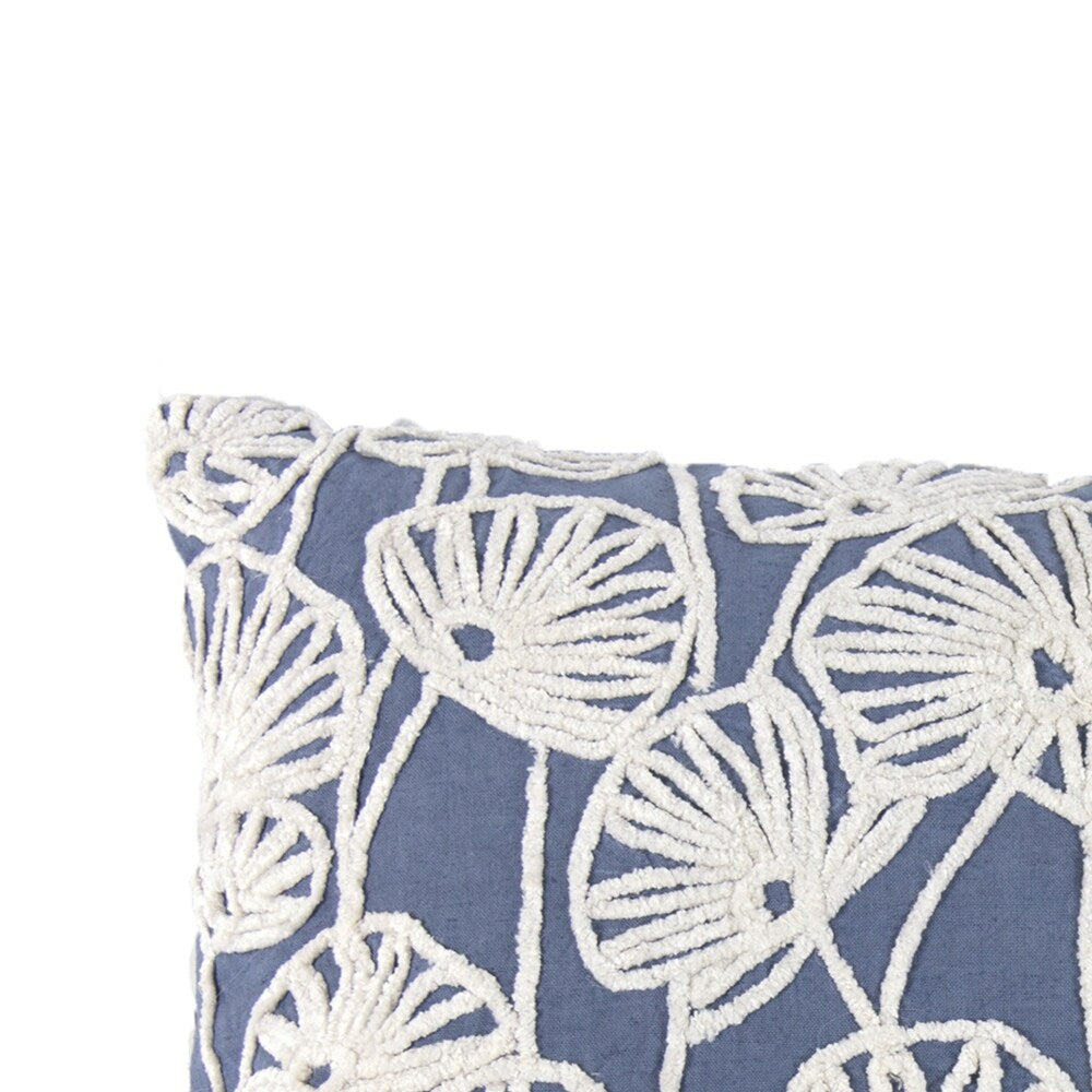 Transitional Cotton Pillow with Floral Embroidery, Blue and White