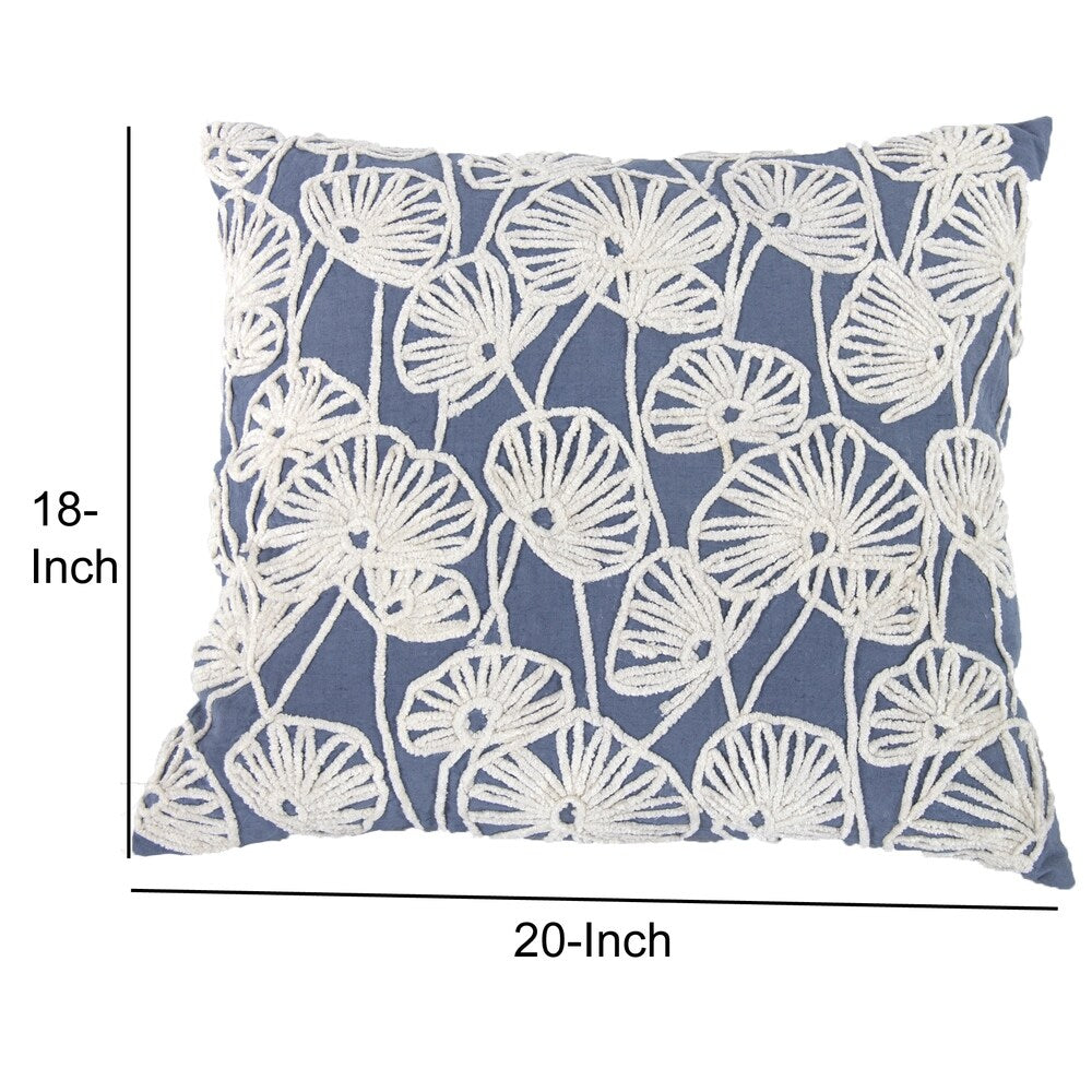 Transitional Cotton Pillow with Floral Embroidery, Blue and White