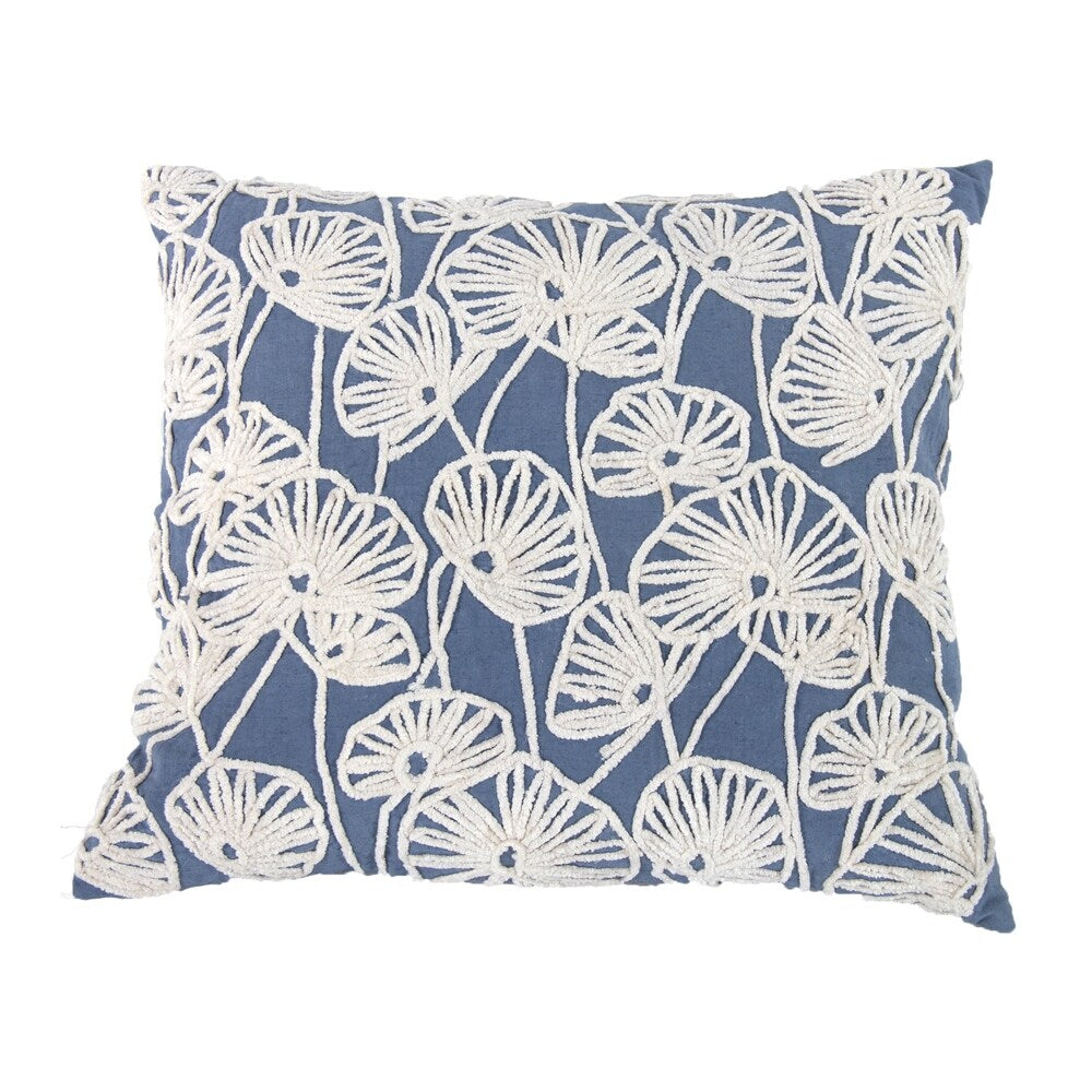 Transitional Cotton Pillow with Floral Embroidery, Blue and White