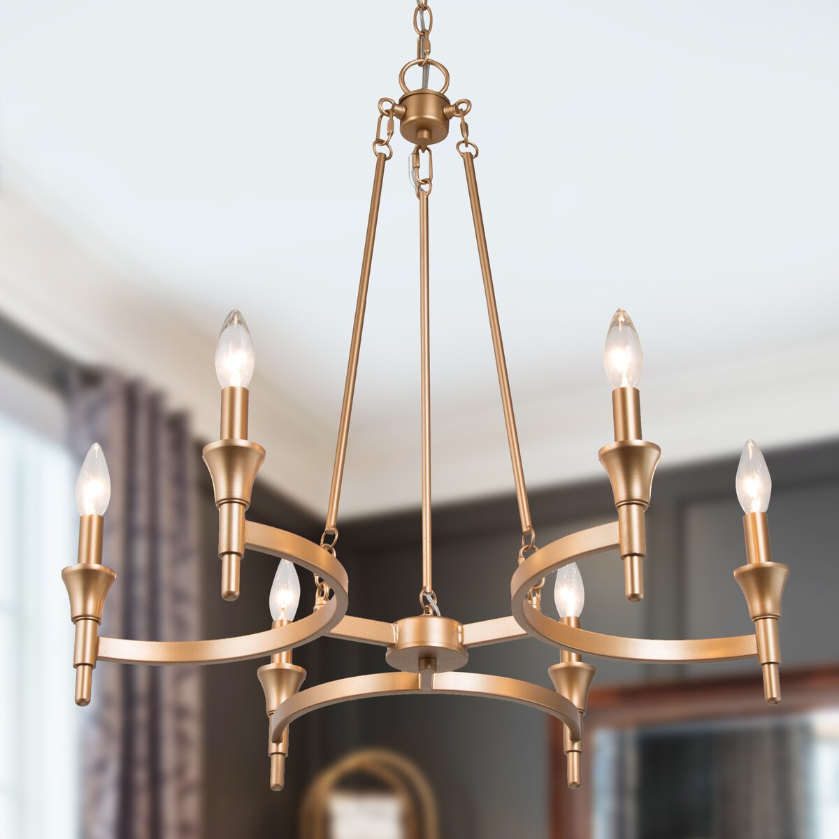 Transitional Distressed Gold Candle Chandelier 6-light Metal Dimmable Adjustable Ceiling Light - Distressed Gold - D25"x H 25"