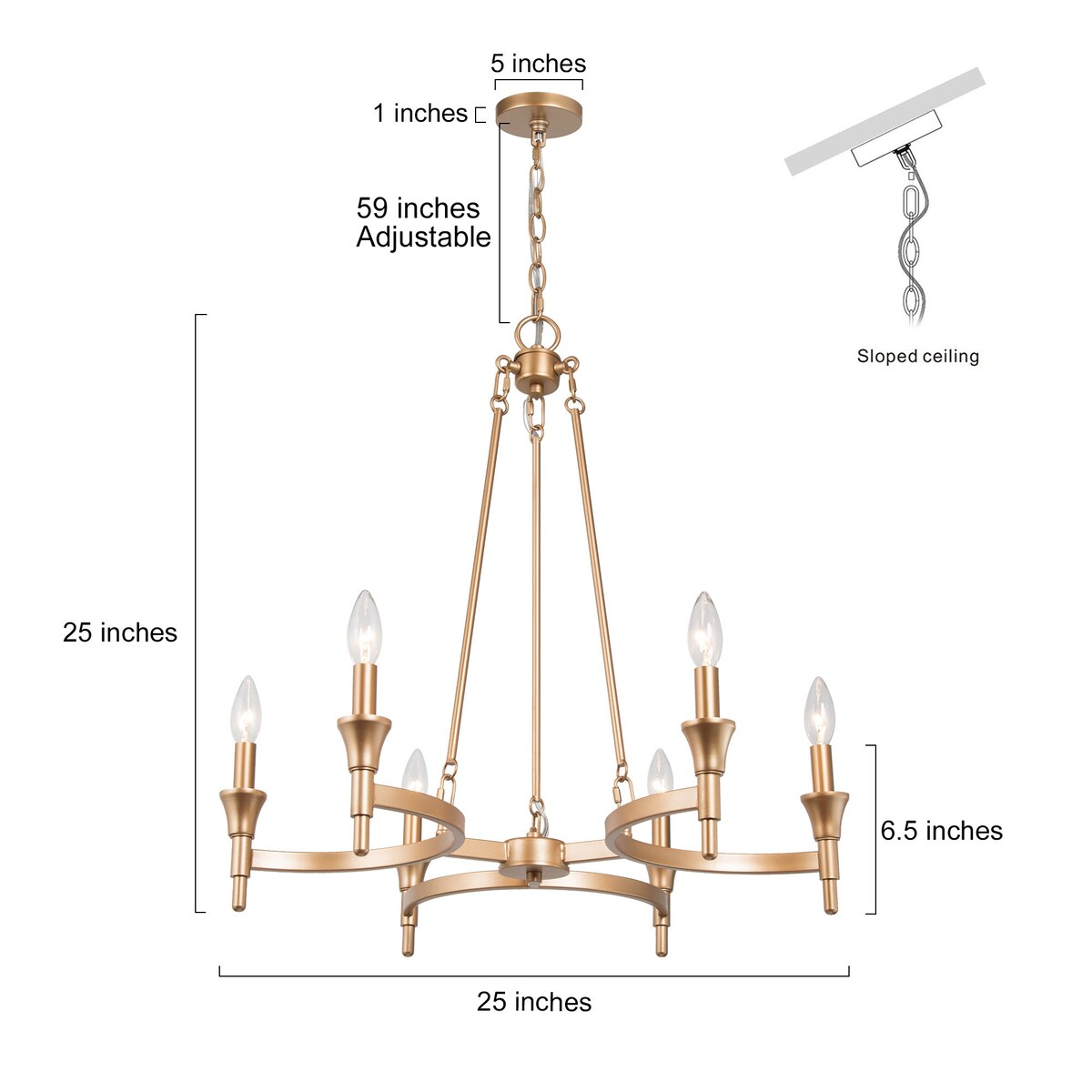 Transitional Distressed Gold Candle Chandelier 6-light Metal Dimmable Adjustable Ceiling Light - Distressed Gold - D25"x H 25"