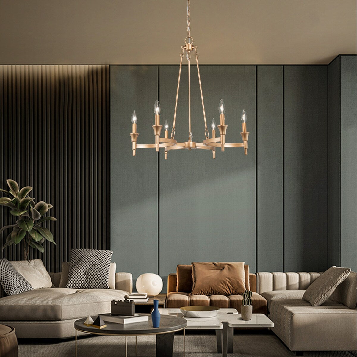 Transitional Distressed Gold Candle Chandelier 6-light Metal Dimmable Adjustable Ceiling Light - Distressed Gold - D25"x H 25"