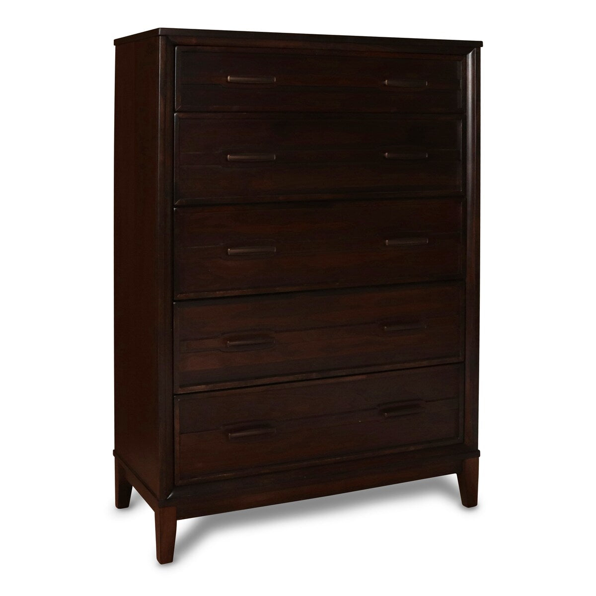 Transitional Style 5 Drawer Wood Chest with Dual Bar Handles, Walnut Brown
