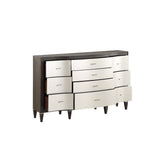 Transitional Style Dresser with Bulged Front Drawer Panel, Silver and Brown