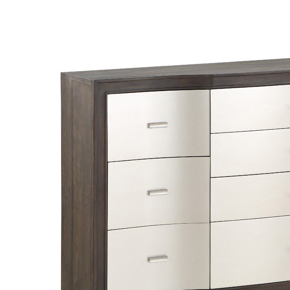Transitional Style Dresser with Bulged Front Drawer Panel, Silver and Brown