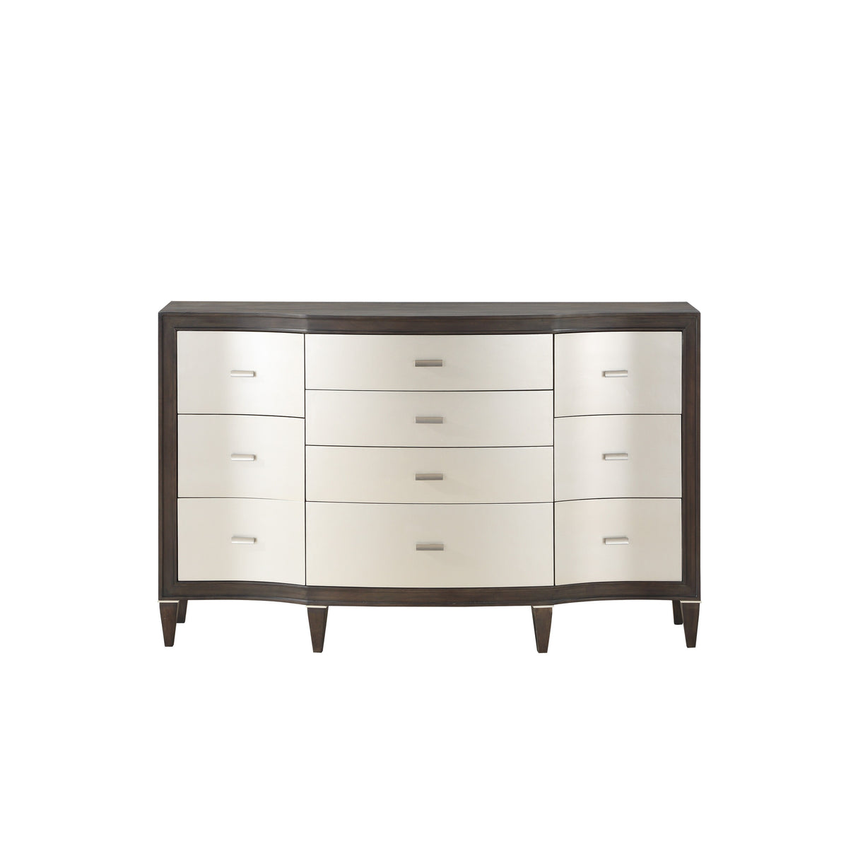 Transitional Style Dresser with Bulged Front Drawer Panel, Silver and Brown