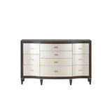 Transitional Style Dresser with Bulged Front Drawer Panel, Silver and Brown