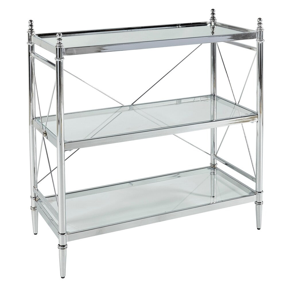 Transitional Style Metal Console with Three Shelves, Silver and Clear
