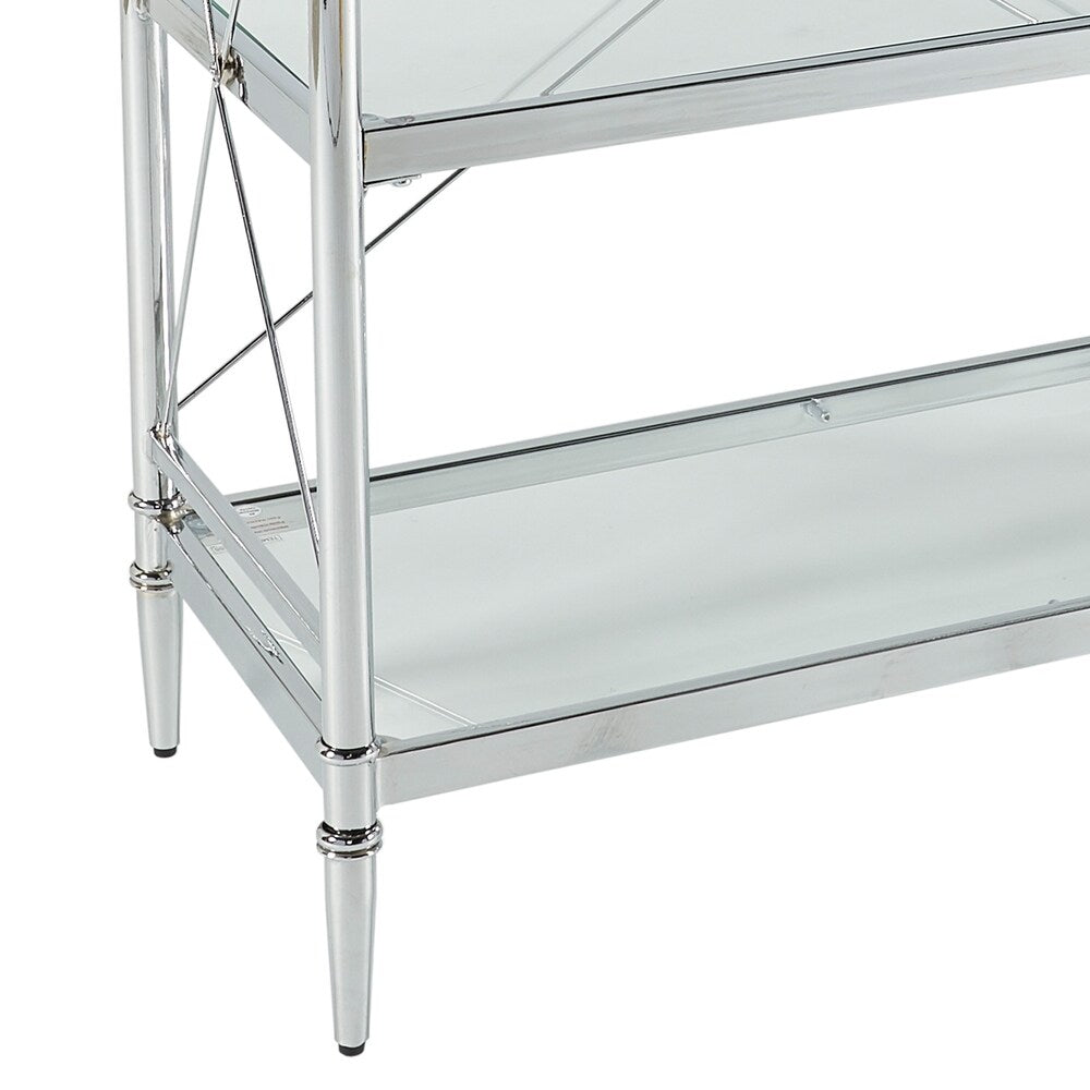 Transitional Style Metal Console with Three Shelves, Silver and Clear