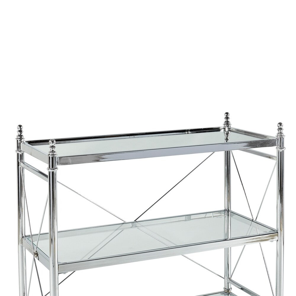 Transitional Style Metal Console with Three Shelves, Silver and Clear
