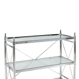 Transitional Style Metal Console with Three Shelves, Silver and Clear