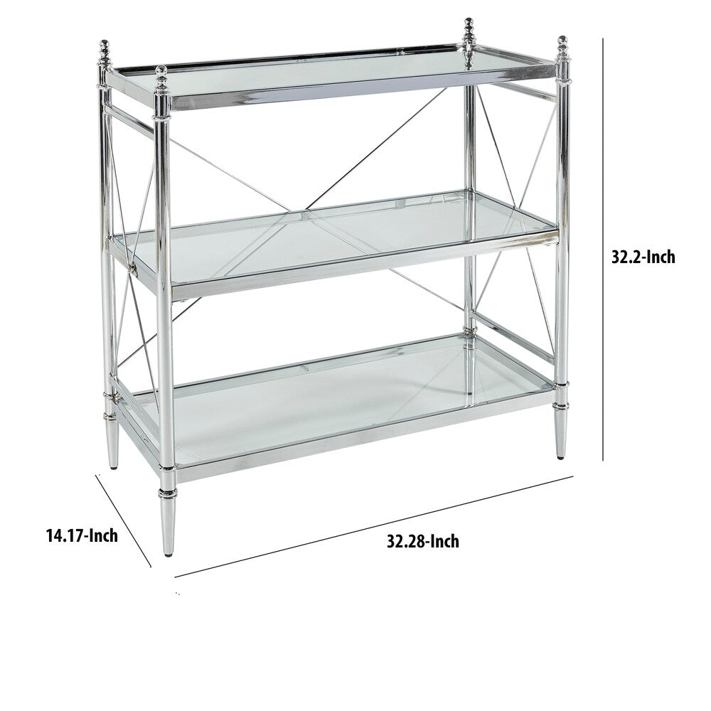 Transitional Style Metal Console with Three Shelves, Silver and Clear