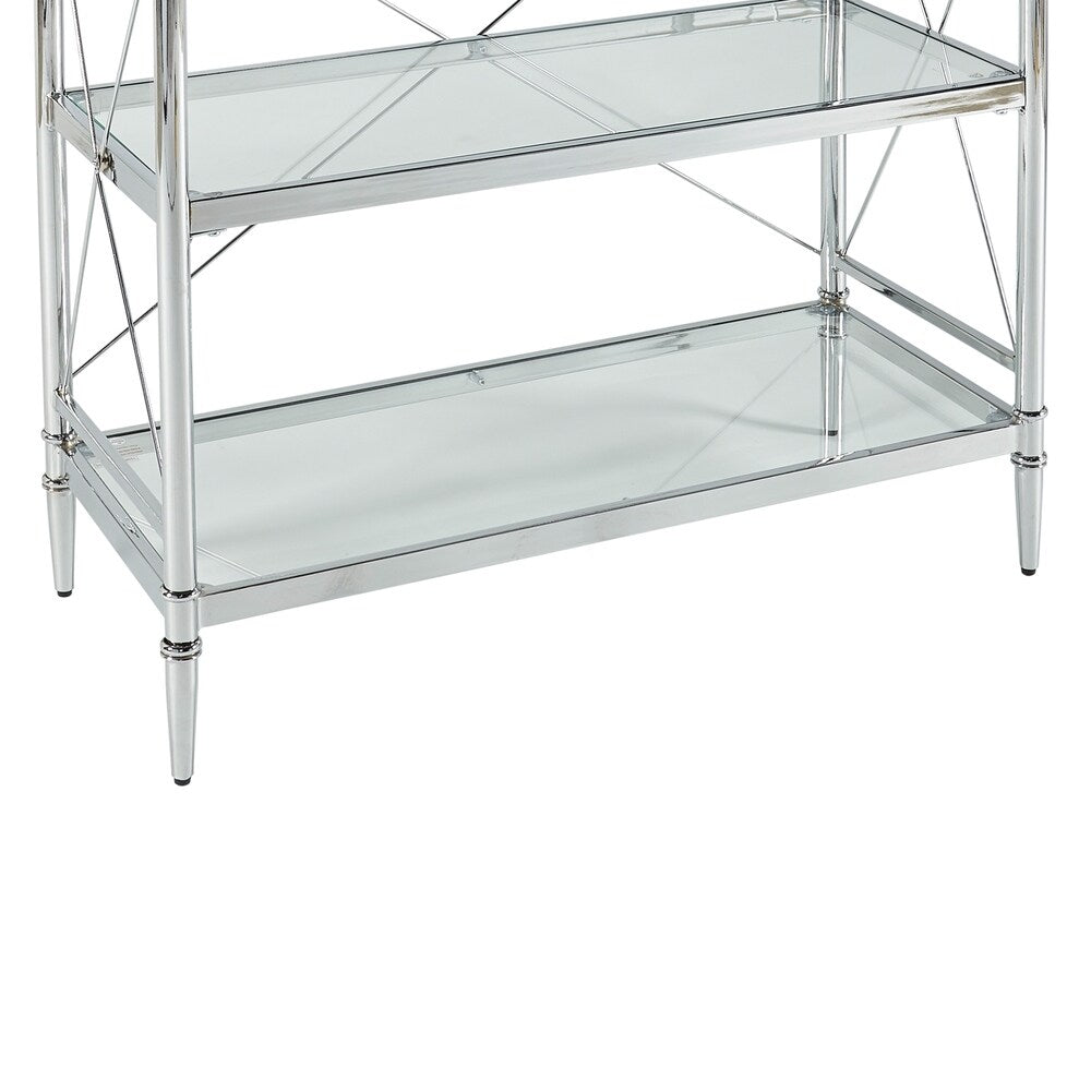 Transitional Style Metal Console with Three Shelves, Silver and Clear