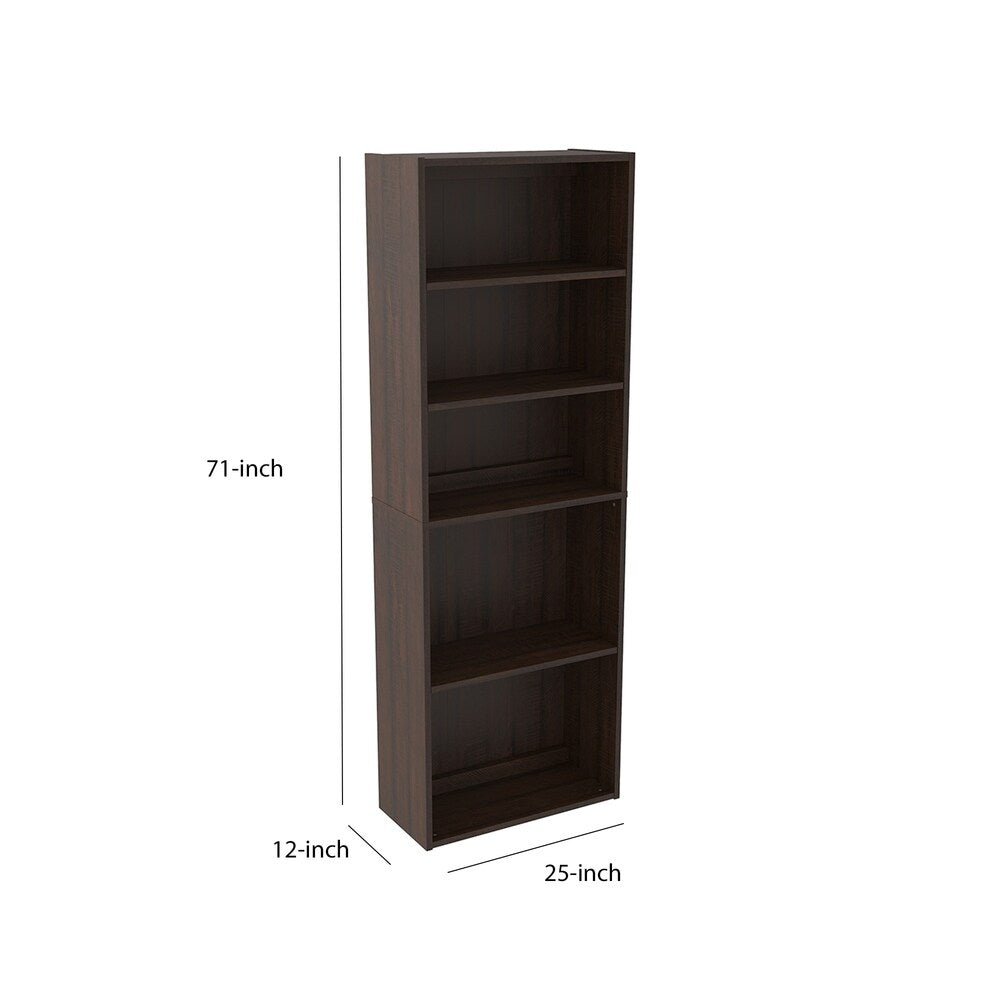 Transitional Wooden Bookcase with 5 Shelves, Espresso Brown