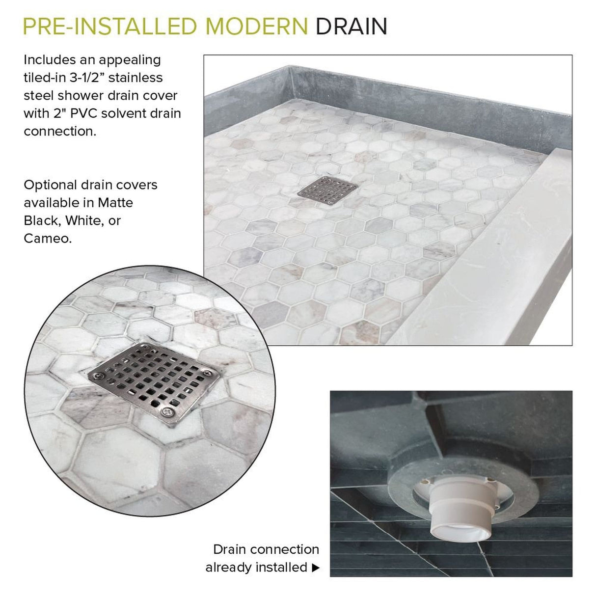 Transolid FPT6036C-HO 60-in x 36-in Pre-Tiled Shower Base with Center - 60-in x 36-in