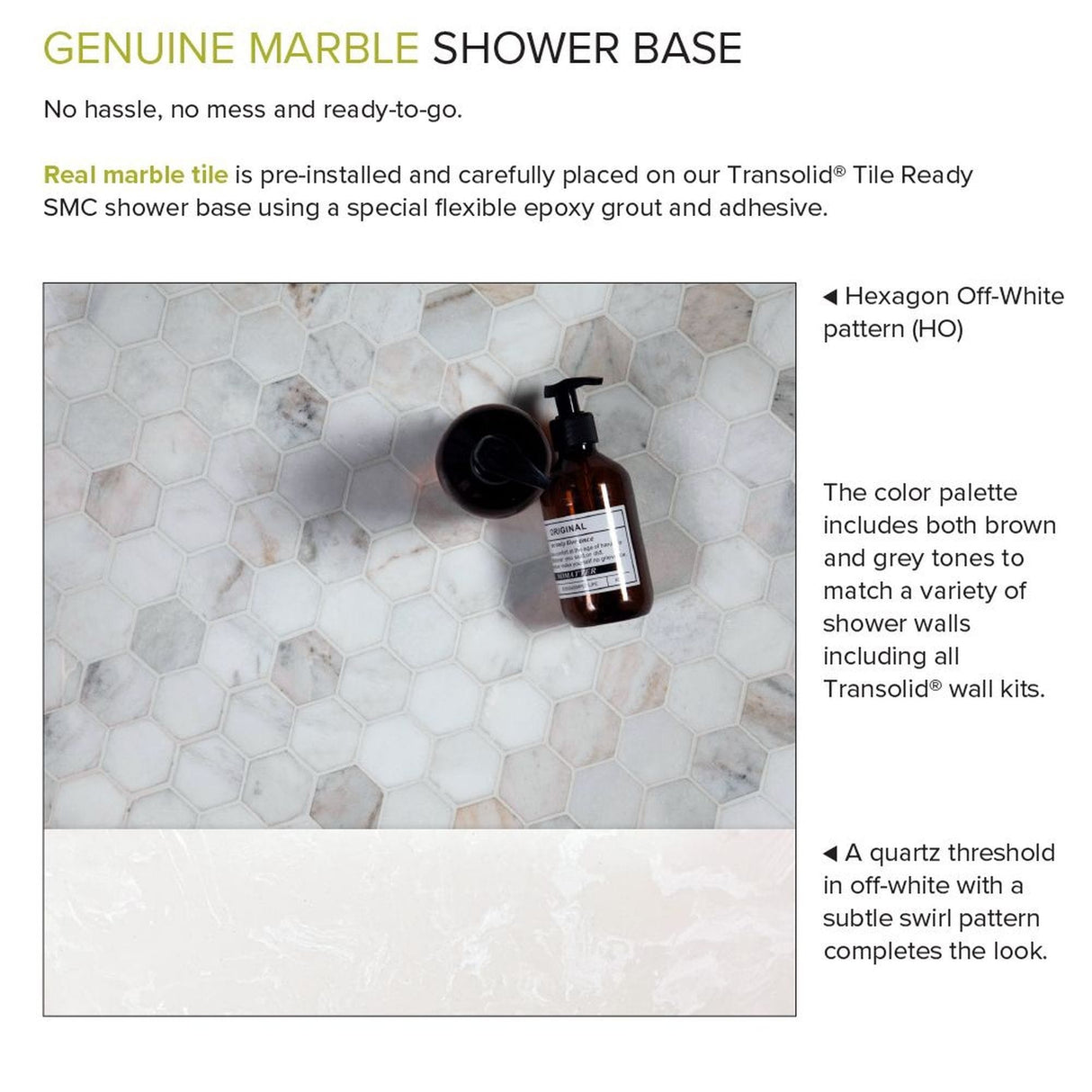 Transolid FPT6036C-HO 60-in x 36-in Pre-Tiled Shower Base with Center - 60-in x 36-in