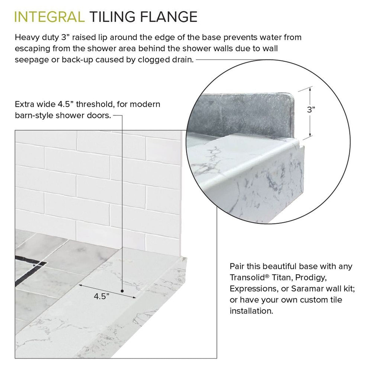 Transolid FPT6036C-HO 60-in x 36-in Pre-Tiled Shower Base with Center - 60-in x 36-in