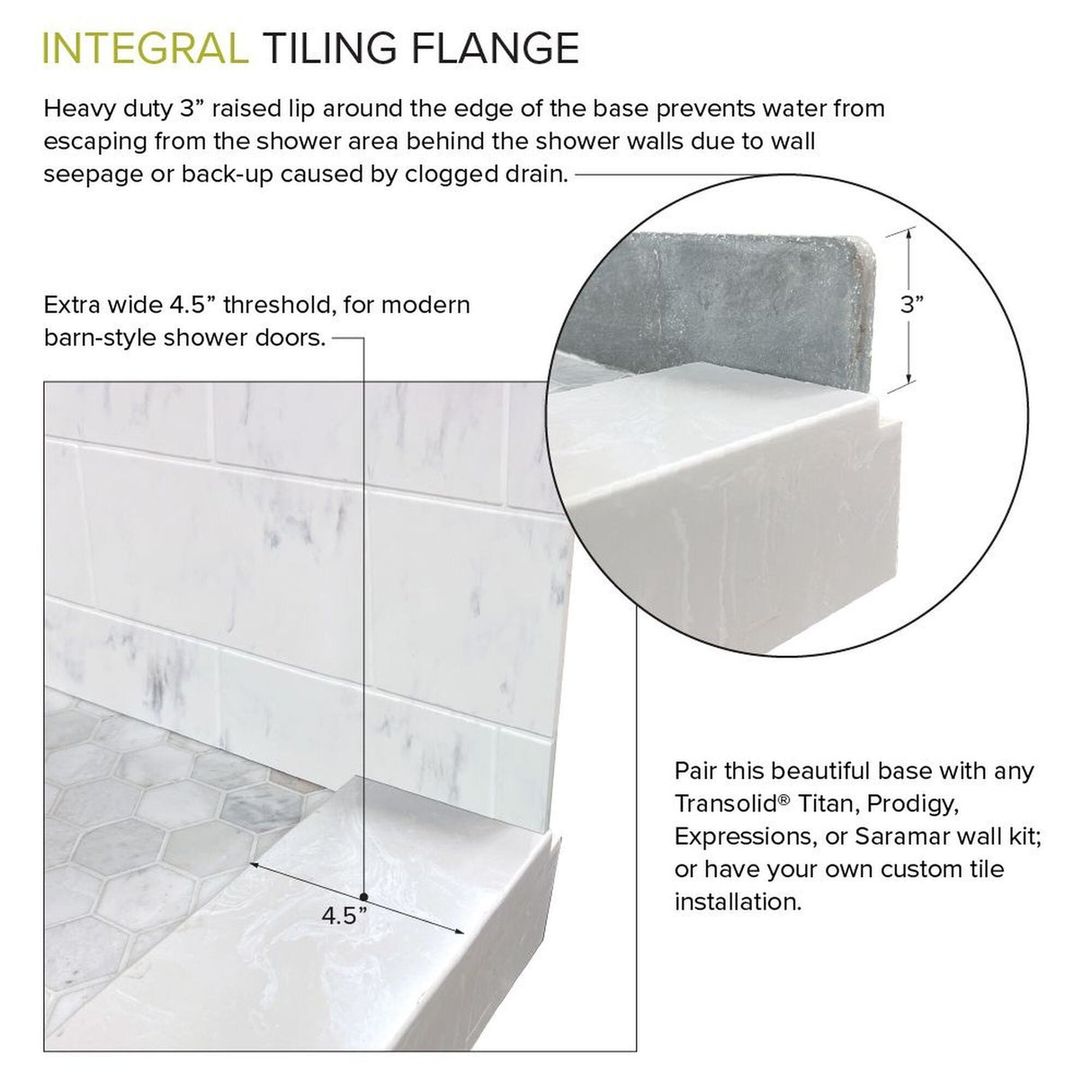 Transolid FPT6036C-HO 60-in x 36-in Pre-Tiled Shower Base with Center - 60-in x 36-in