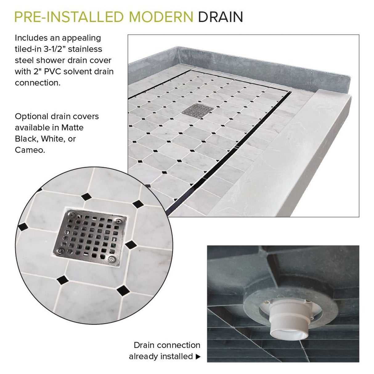 Transolid FPT6036C-HO 60-in x 36-in Pre-Tiled Shower Base with Center - 60-in x 36-in