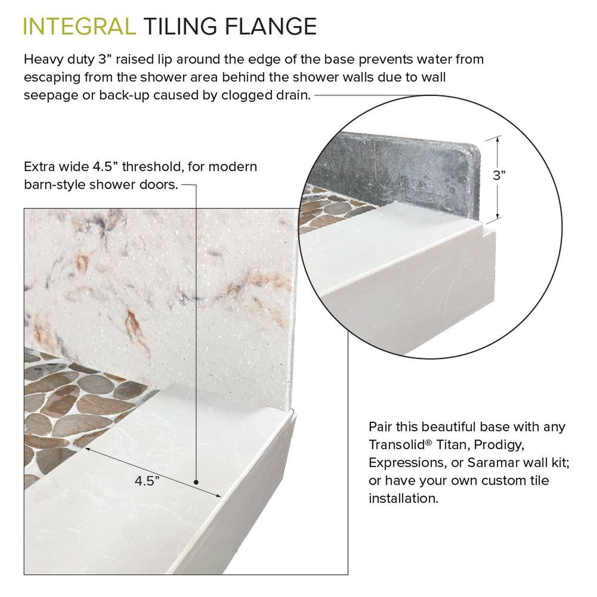 Transolid FPT6036C-HO 60-in x 36-in Pre-Tiled Shower Base with Center - 60-in x 36-in