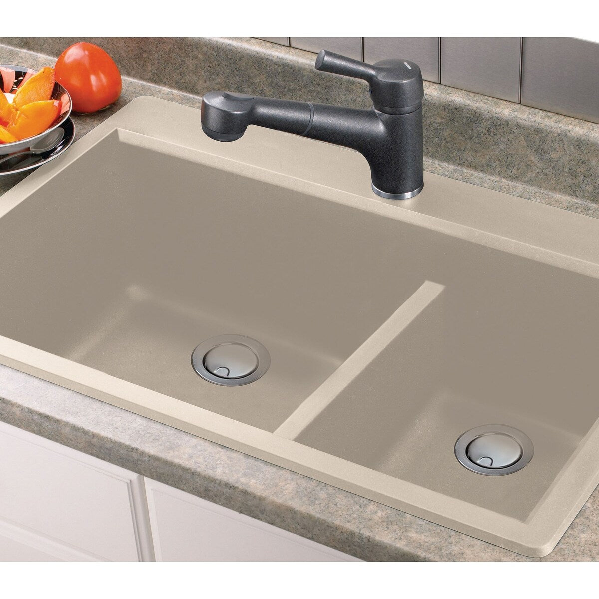Transolid Radius 33in x 22in silQ Granite Drop-in Double Bowl Kitchen Sink with 1 Pre-Drilled Faucet Hole