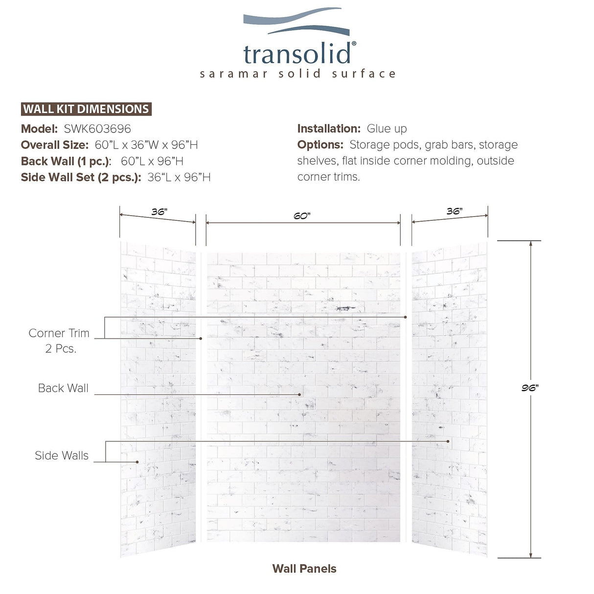 Transolid SaraMar 36-In X 60-In X 96-In Glue to Wall Shower Walls - 60" x 36" x 96" - 60" x 36" x 96"