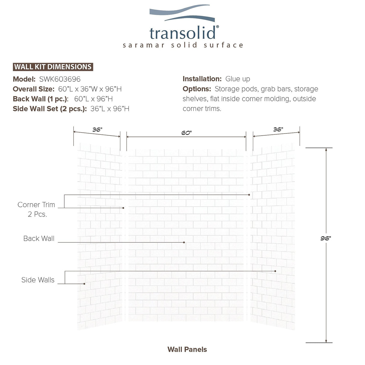 Transolid SaraMar 36-In X 60-In X 96-In Glue to Wall Shower Walls - 60" x 36" x 96" - 60" x 36" x 96"