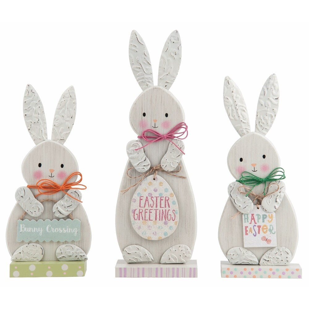 Transpac Wood White Easter Funny Bunny Gang Set of 3