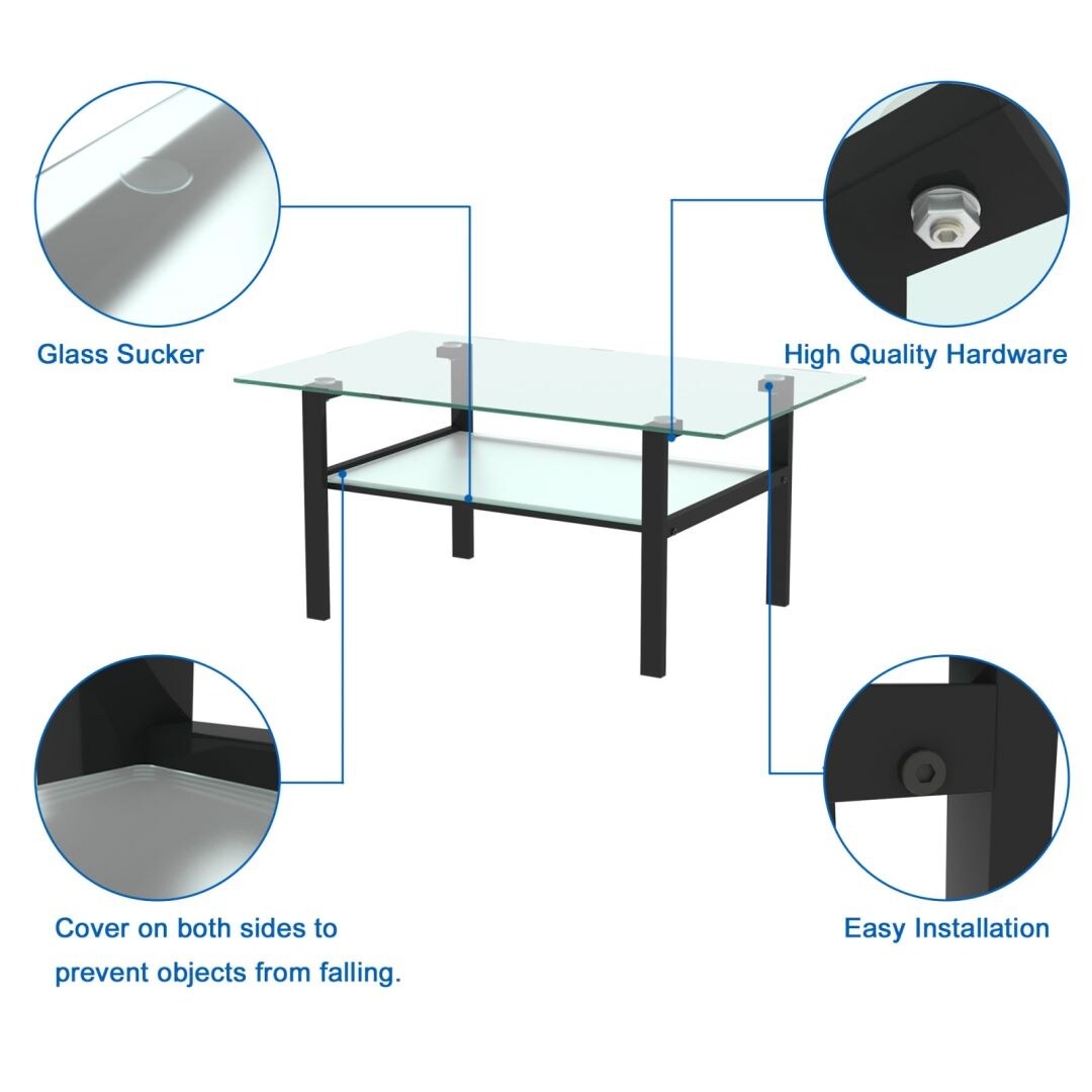 Transparent Rectangular Glass Coffee Table 2-Layer Black Living Room