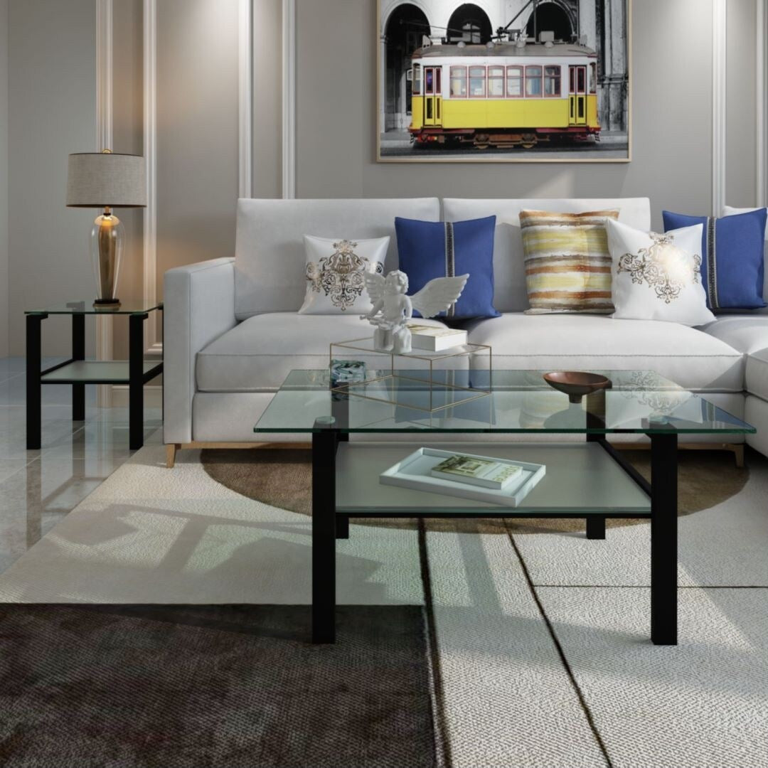 Transparent Rectangular Glass Coffee Table 2-Layer Black Living Room