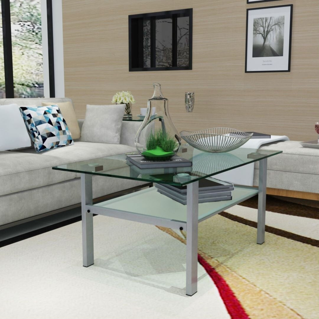 Transparent Rectangular Glass Coffee Table 2-Layer Black Living Room