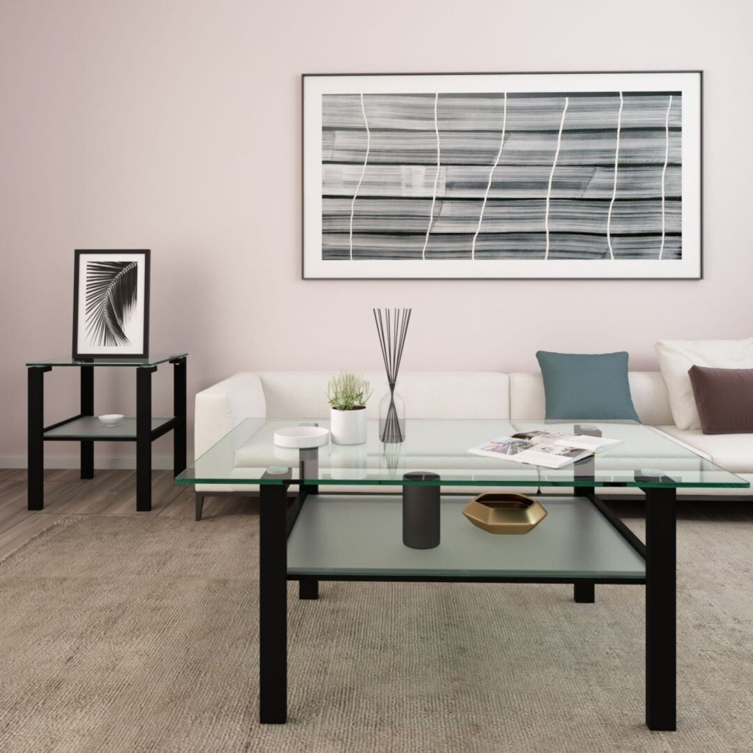 Transparent Rectangular Glass Coffee Table 2-Layer Black Living Room