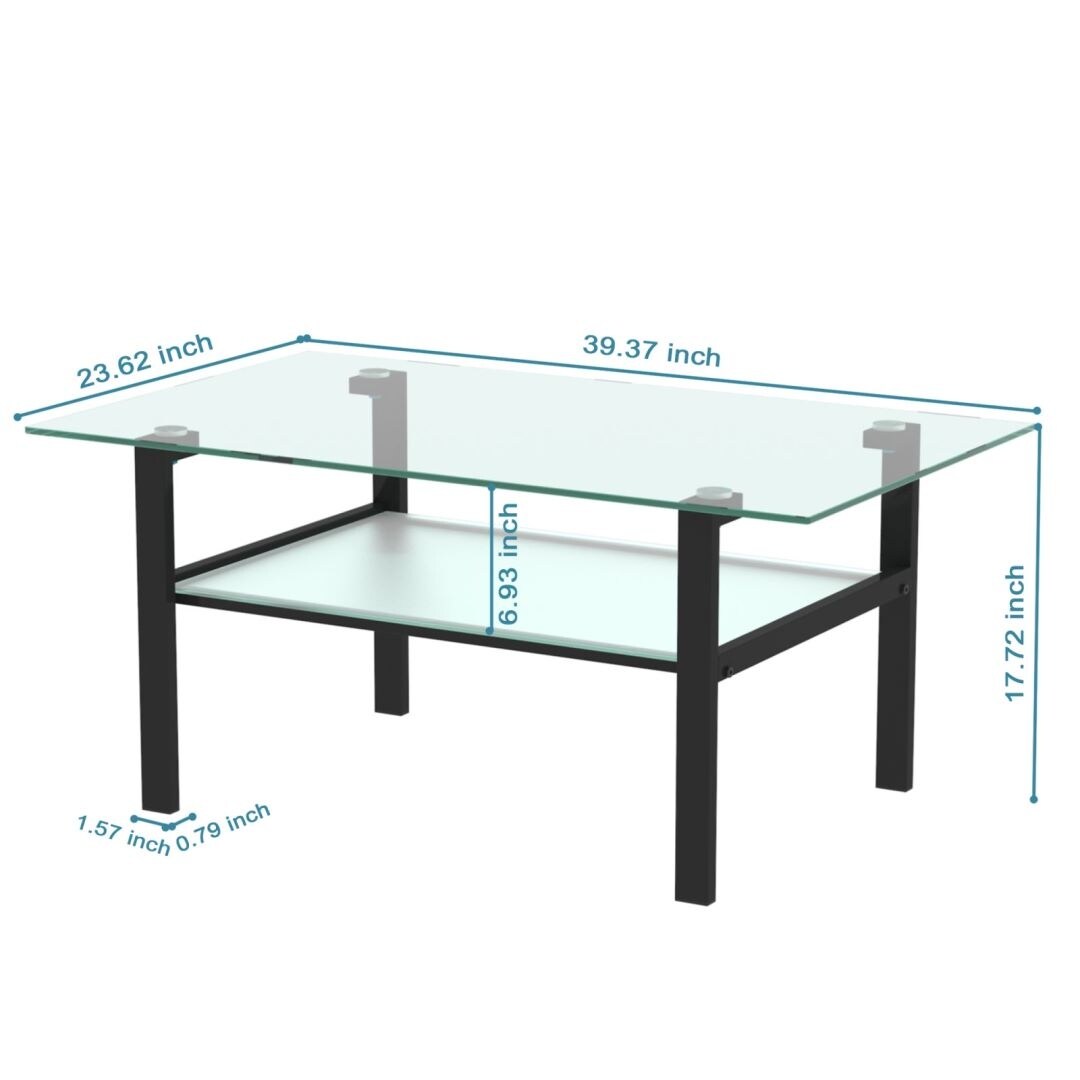 Transparent Rectangular Glass Coffee Table 2-Layer Black Living Room