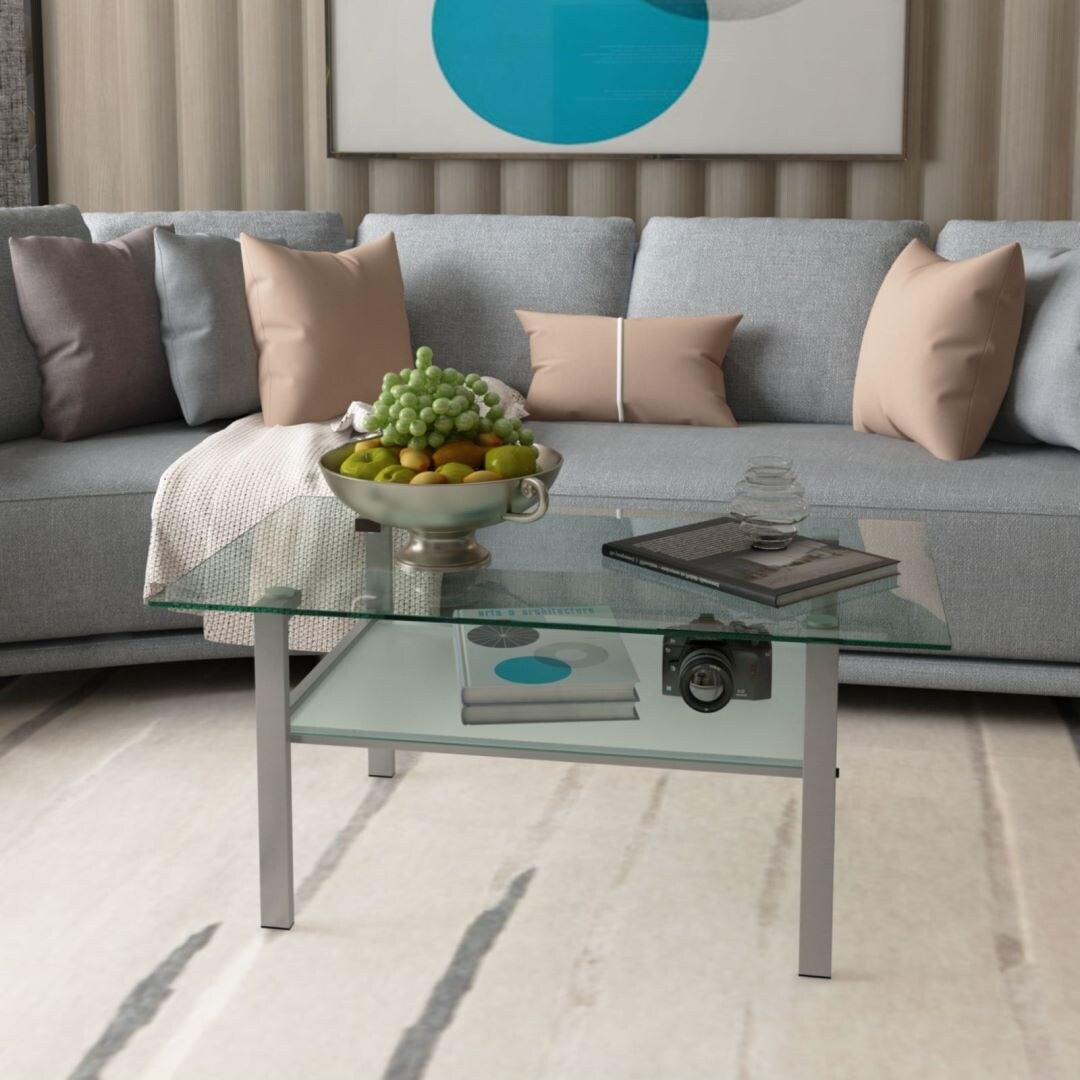 Transparent Rectangular Glass Coffee Table 2-Layer Black Living Room