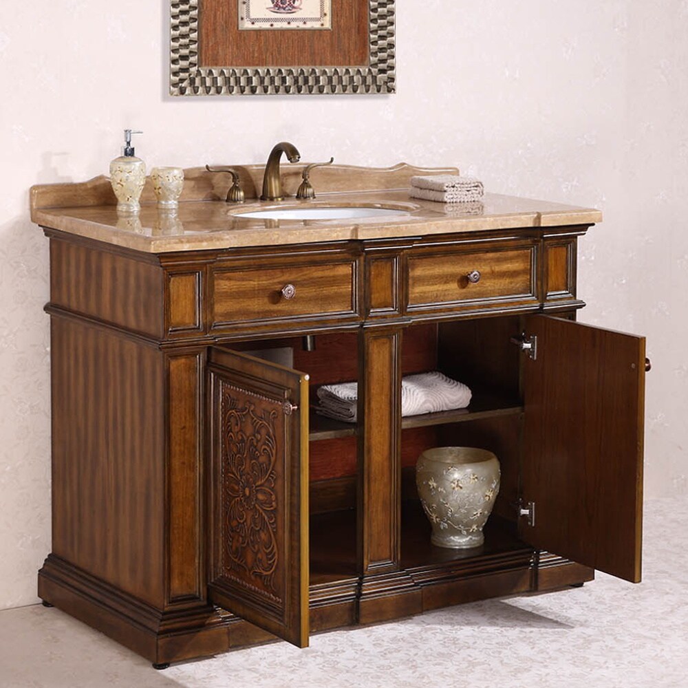 Travertine Top Single Sink Bathroom Vanity in Light Walnut Finish
