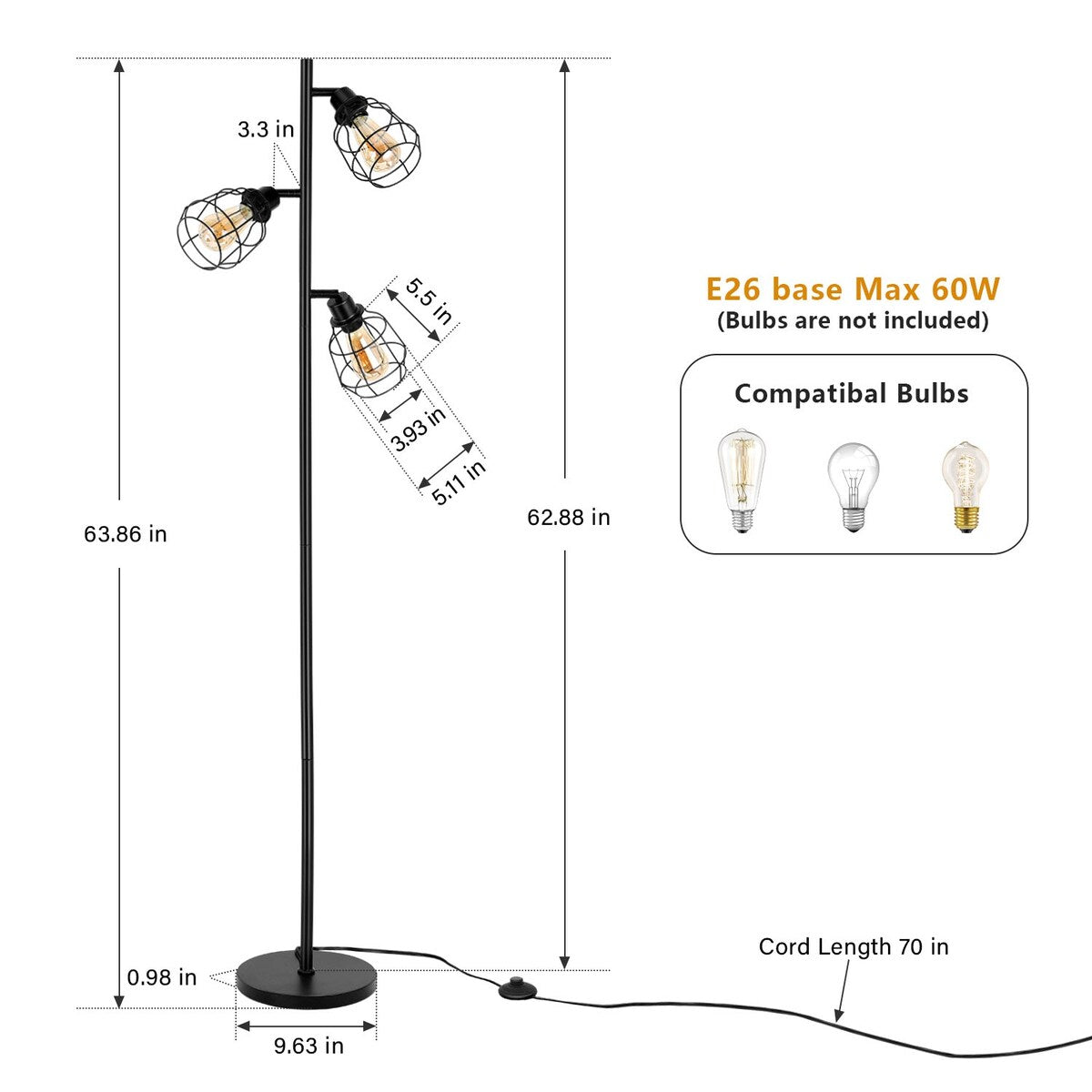 Tree Floor Lamp with 3 Adjustable Arms - Black