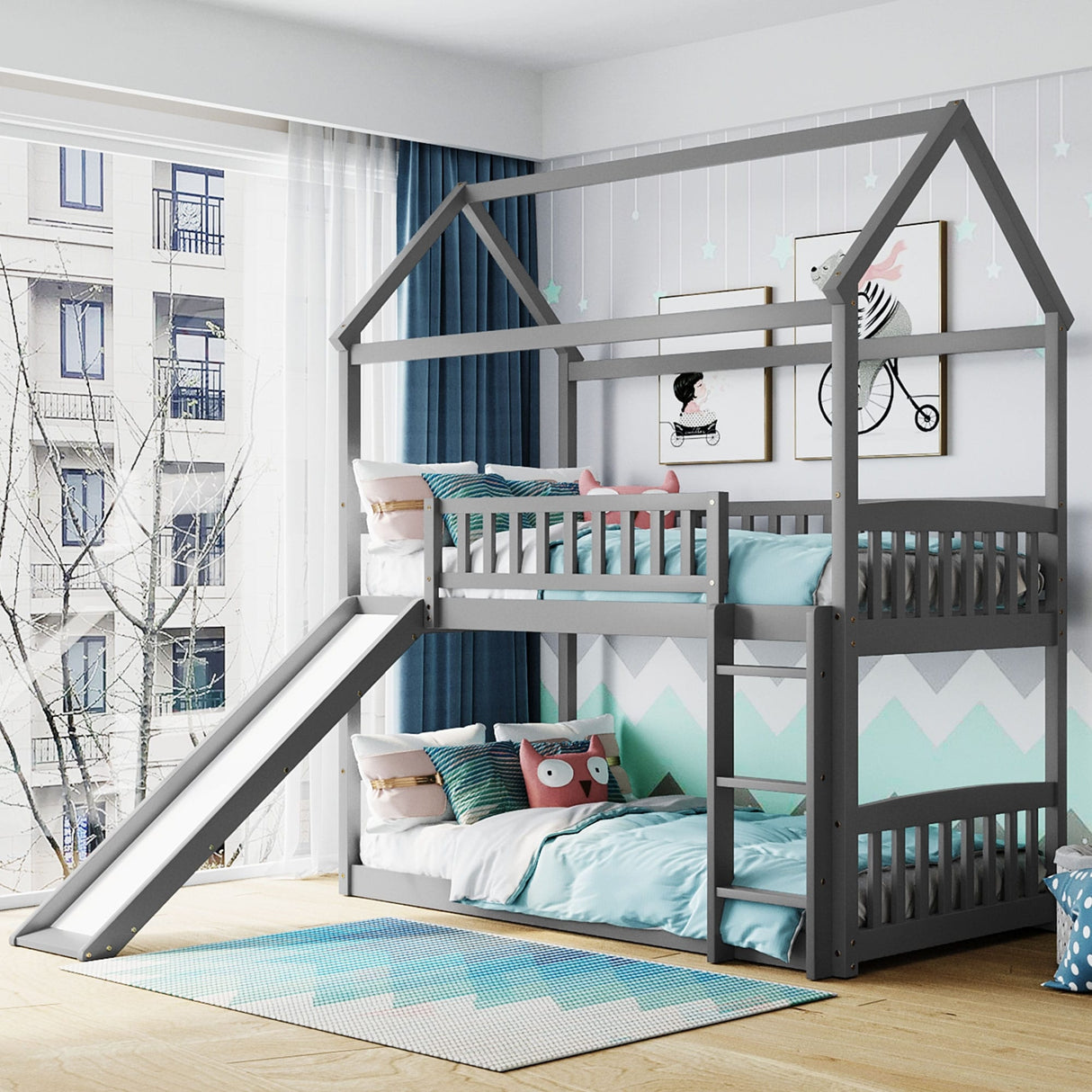 Treehouse Style Twin over Twin Bunk Bed with Slide for Kids 