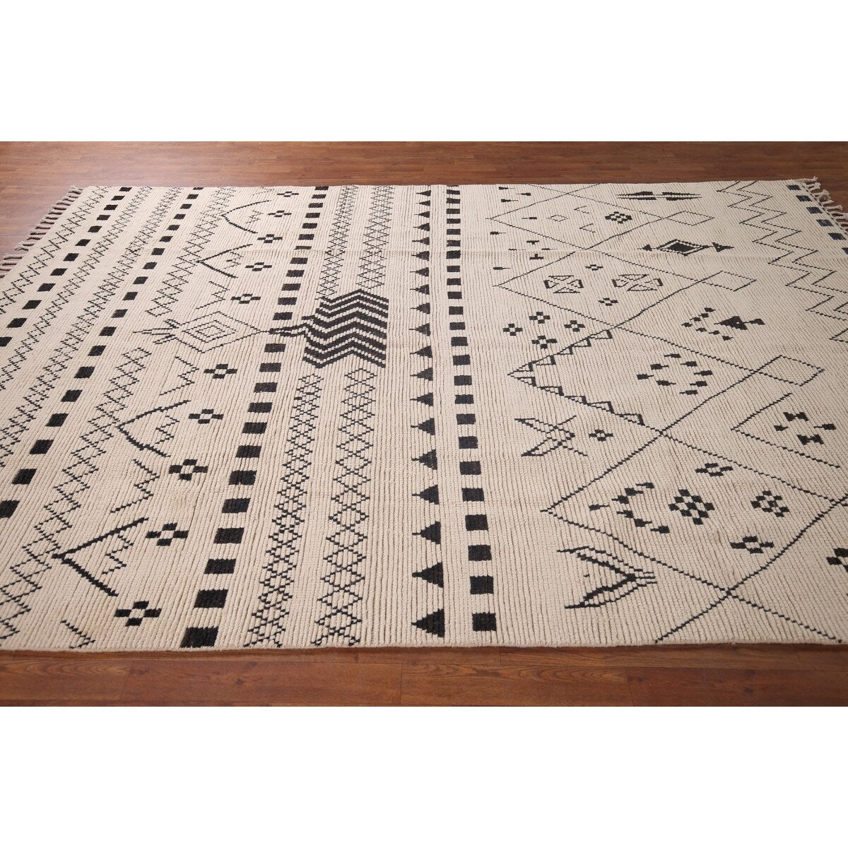 Trellis Geometric Ivory Moroccan Area Rug Hand-Knotted Wool Carpet - 7'7"x 10'9"
