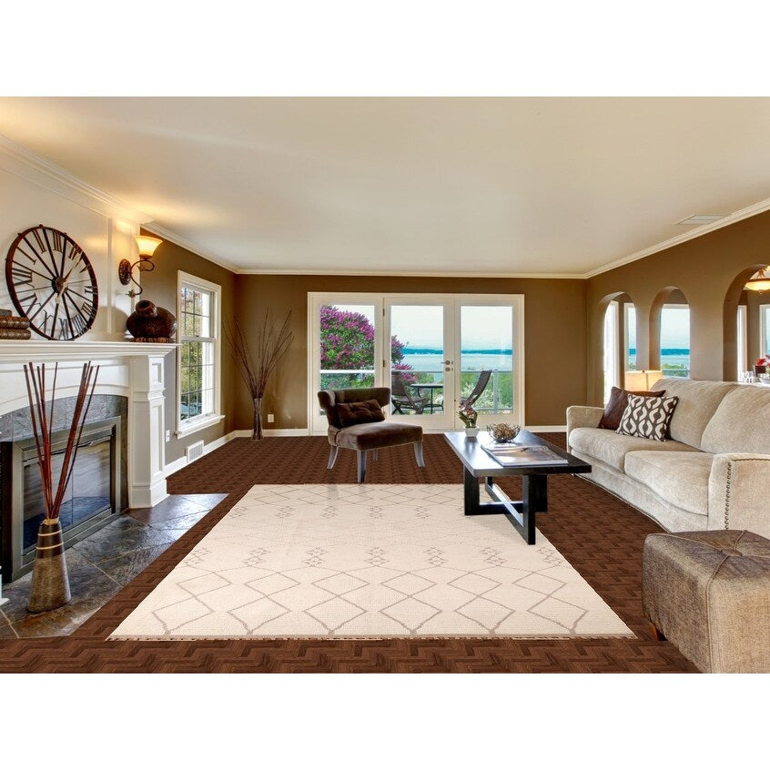 Trellis Ivory Moroccan Rug Hand-Knotted Beige Wool Carpet - 6'8"x 10'7"
