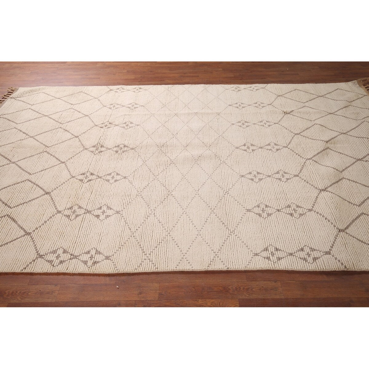 Trellis Ivory Moroccan Rug Hand-Knotted Beige Wool Carpet - 6'8"x 10'7"