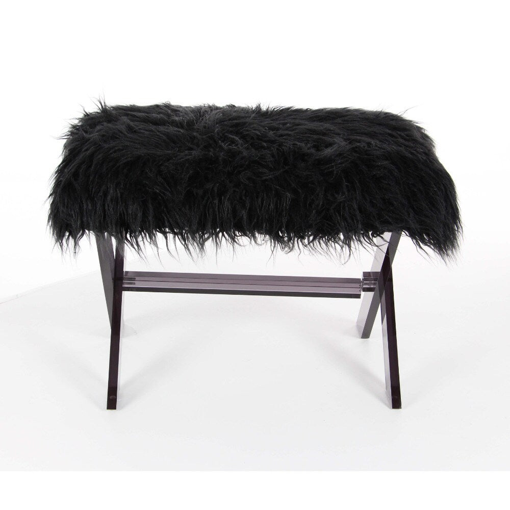 Benzara Trendy Black Acrylic Fur Wood Foot Stool
