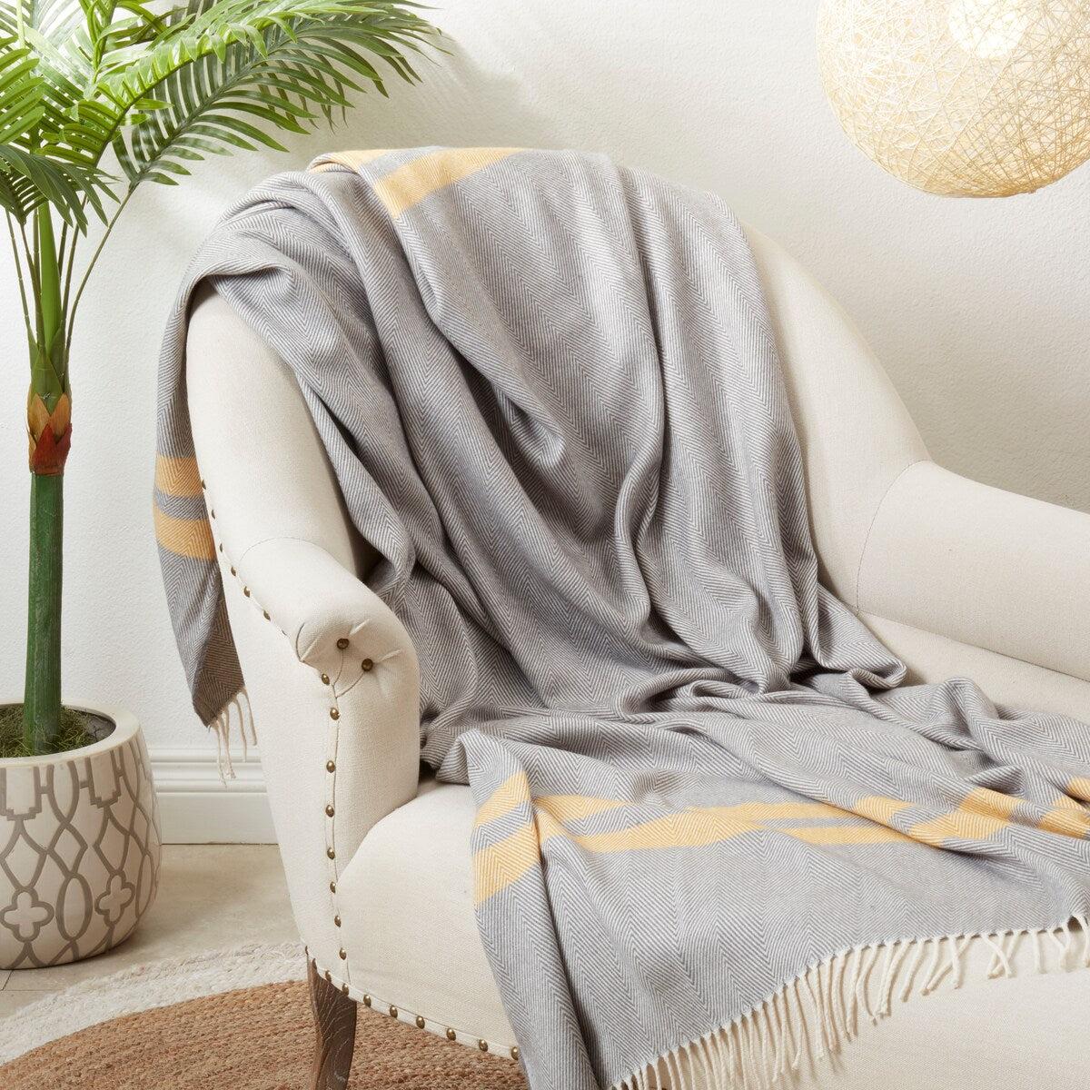 Trendy Stripe and Herringbone Fringed Throw
