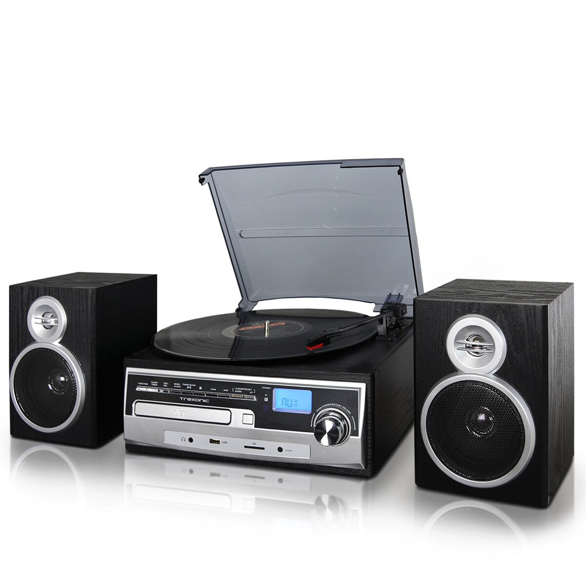Trexonic 3-Speed Turntable With CD Player w/ Wired Shelf Speakers