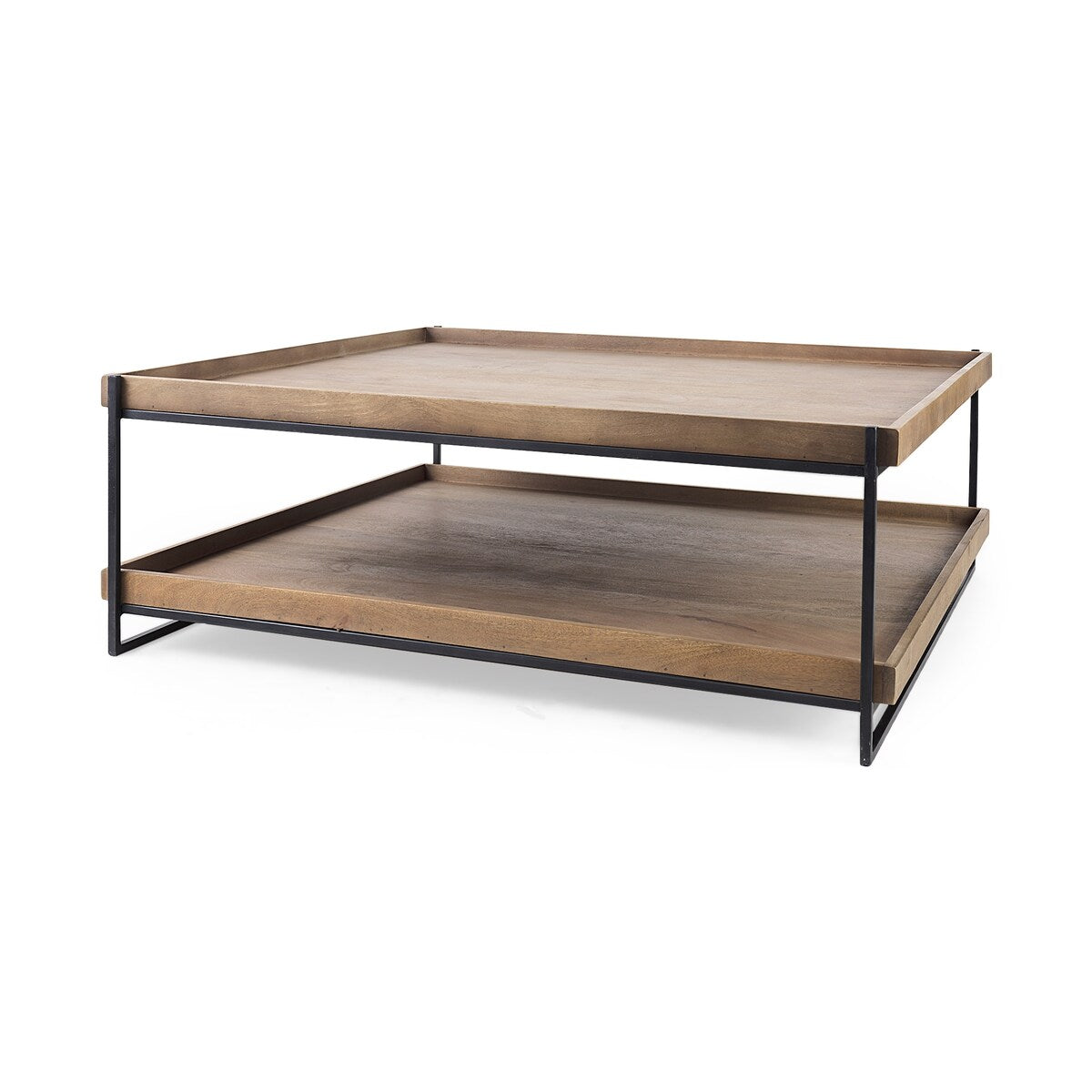Trey Medium Brown Solid Wood w/Black Metal Frame Two-Tier Coffee Table - 48.0L x 46.0W x 17.0H
