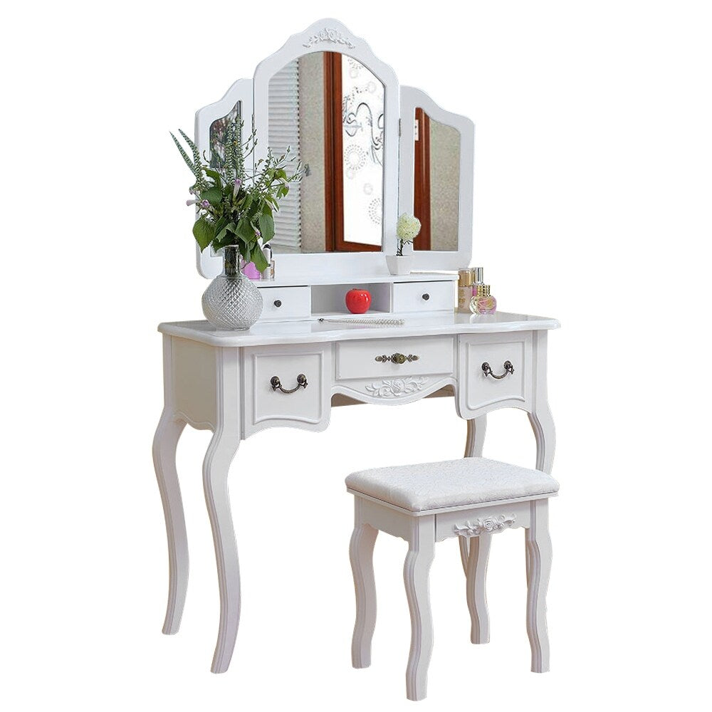 Tri-fold Mirror Dresser with Dressing Stool - N/A
