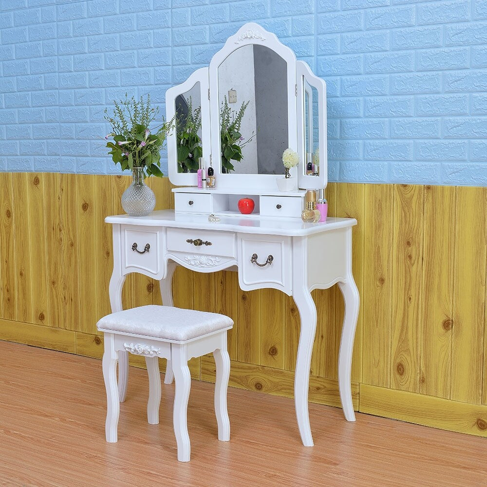 Tri-fold Mirror Dresser with Dressing Stool - N/A