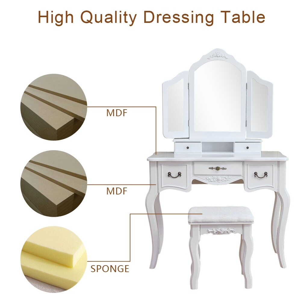 Tri-fold Mirror Dresser with Dressing Stool - N/A
