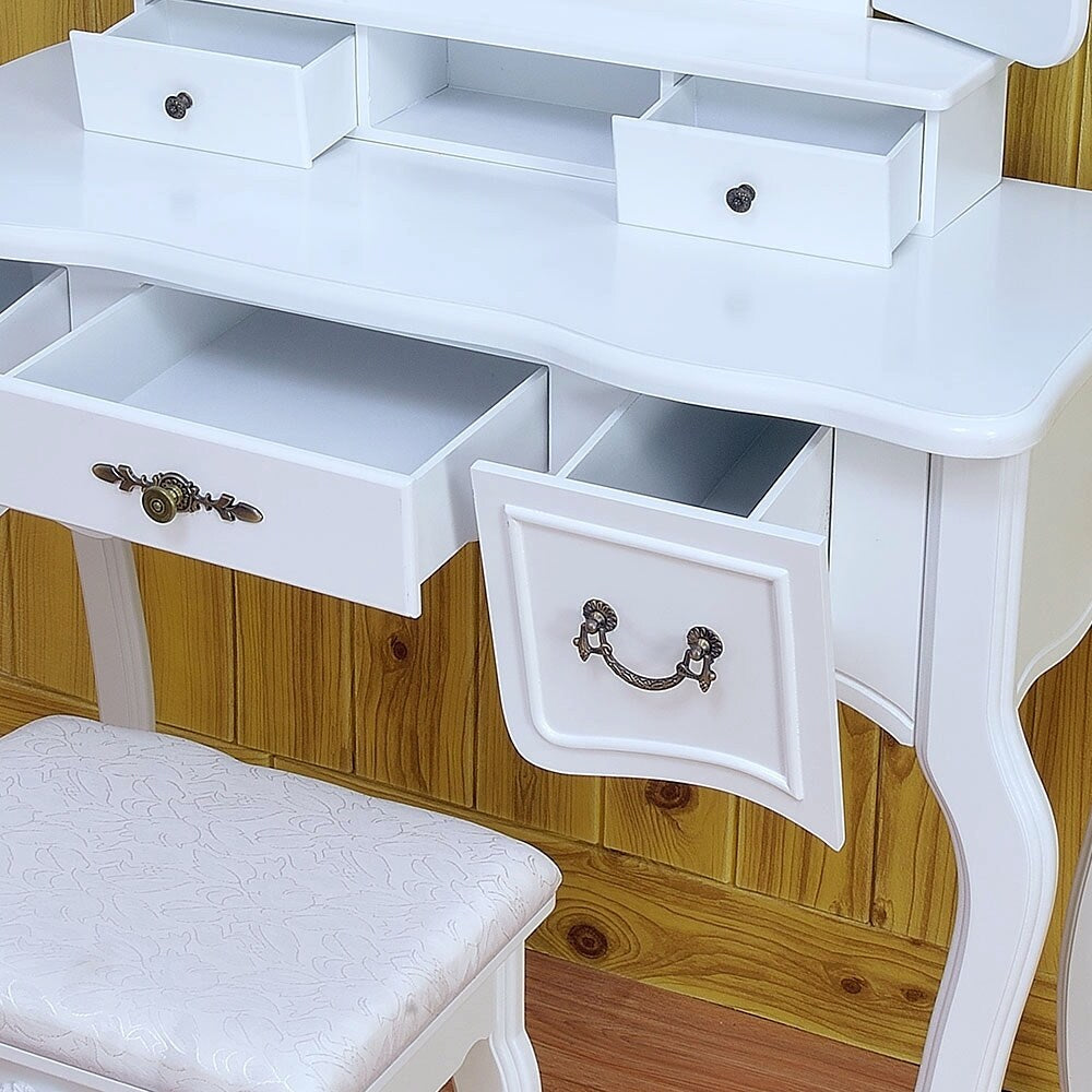 Tri-fold Mirror Dresser with Dressing Stool - N/A